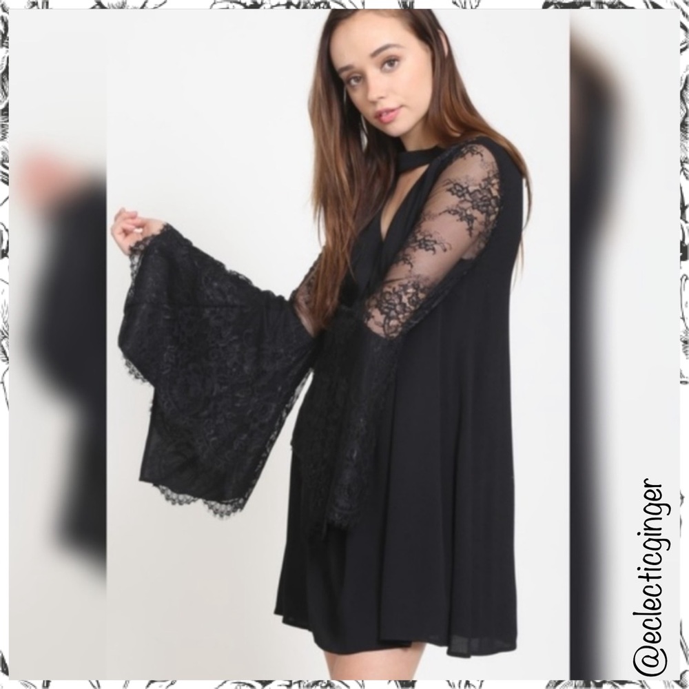 Black lace long bell sleeved keyhole neck mini dress Small S Medium M Large L